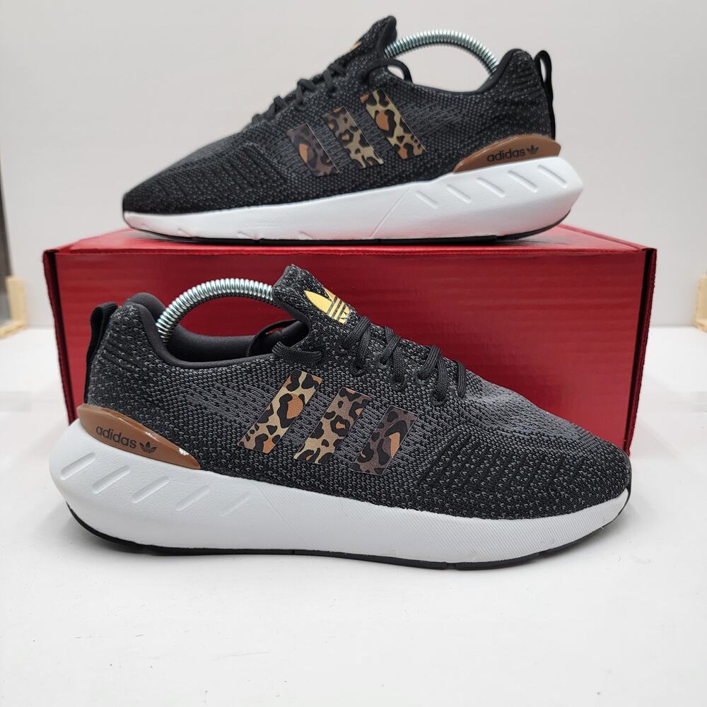 adidas Black Knit Athletic Shoes with Leopard Print Stripes and Brown Accents